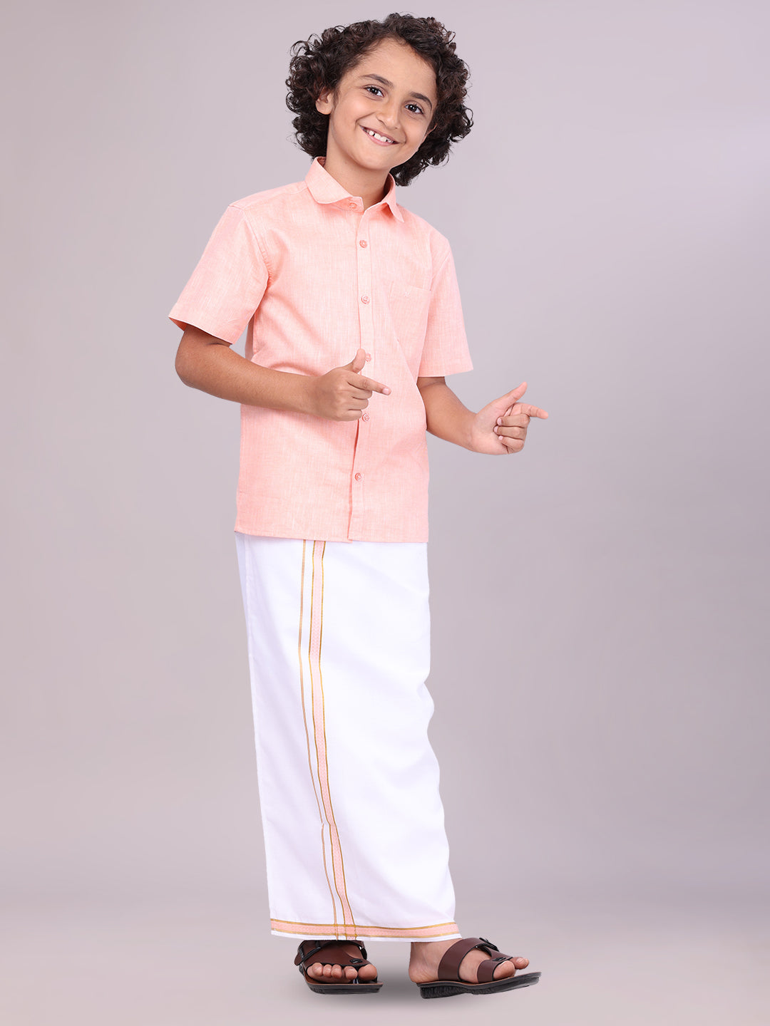 Kids Peach Color Cotton Shirt with Matching Border Dhoti Combo side pose
