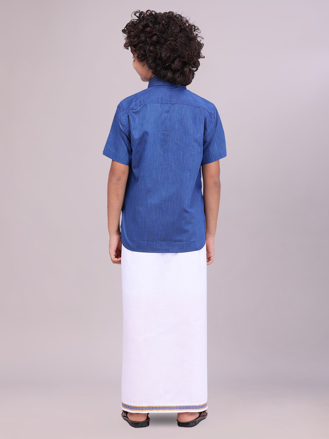 Kids Dark Blue Color Cotton Shirt with Matching Border Dhoti Combo back pose