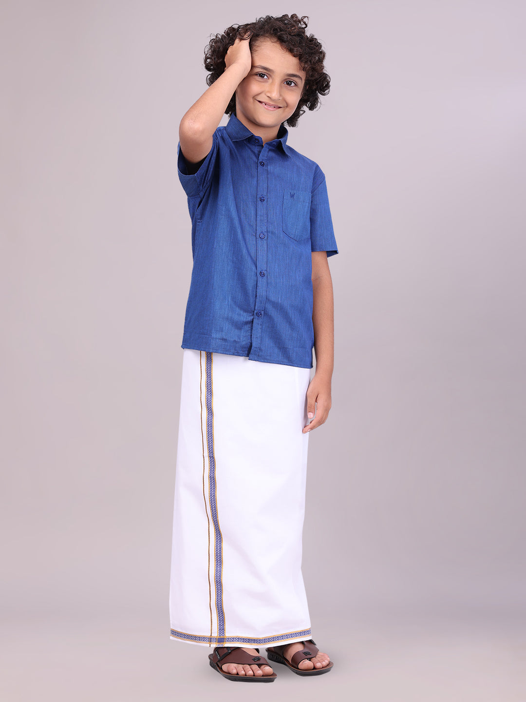 Kids Dark Blue Color Cotton Shirt with Matching Border Dhoti Combo side pose