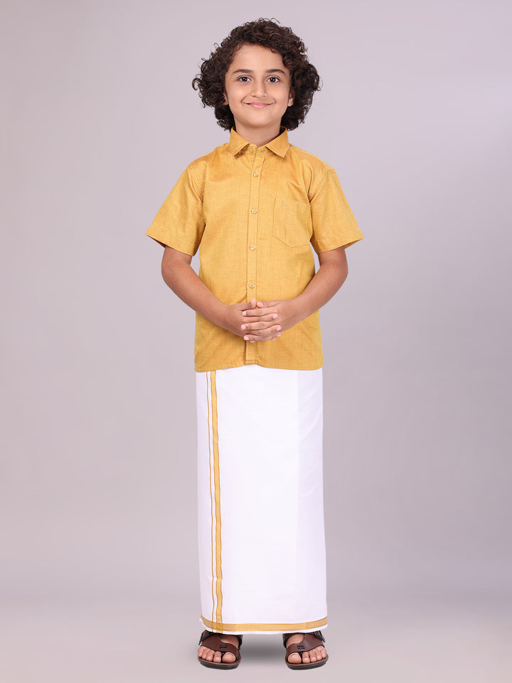 Boys Gold Matching Half Sleeves Shirt with Fancy Flexi Dhoti Combo