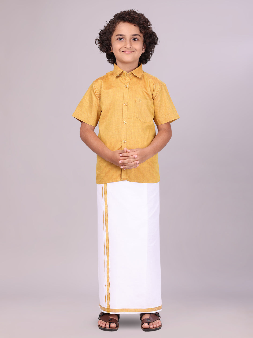 Boys Gold Matching Half Sleeves Shirt with Fancy Flexi Dhoti Combo