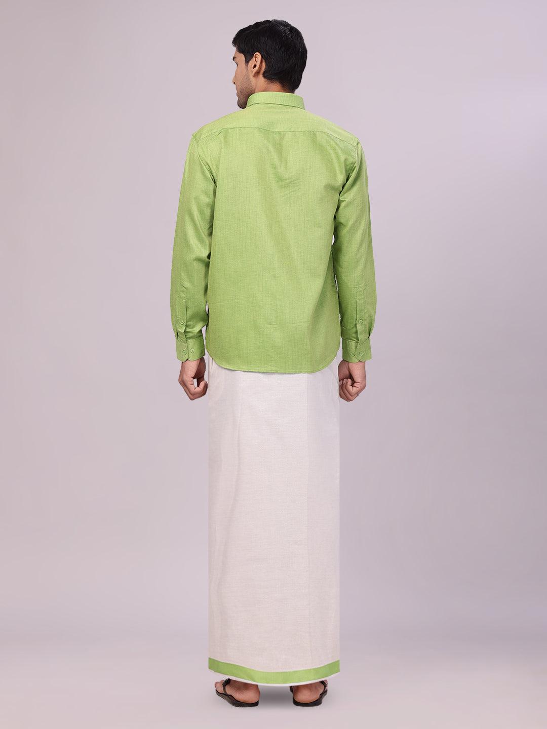 Men's Light Green Color Cotton Shirt with Matching Border Tissue Dhoti Combo back pose