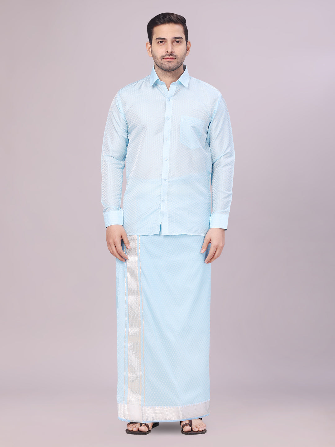 Men's Art Silk Sky Blue Jacquard Full Sleeves Shirt with 2 1/2" Jari Border & Towel Dhoti Combo Nautica