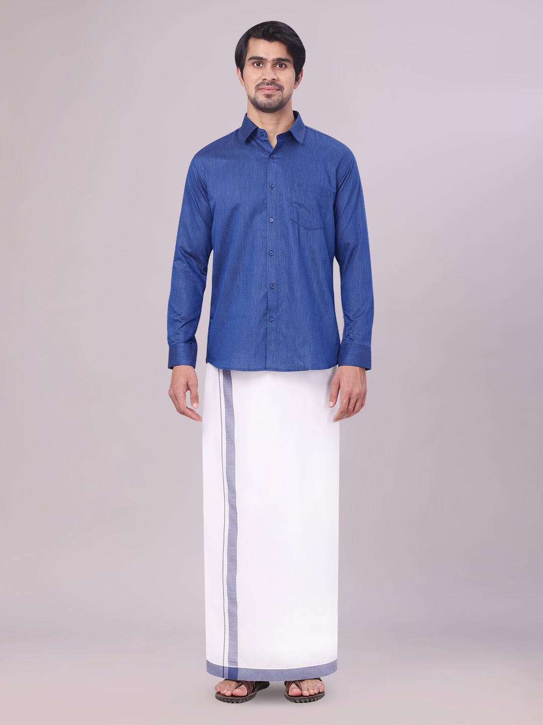 Elegant Dark Blue Shirt Fancy Border Dhoti Combo for Men