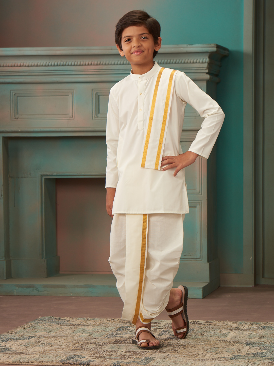 Boys Cotton Cream Kurta Readymade Panchakacham Combo with Gold Jari Border Champak by Minister White