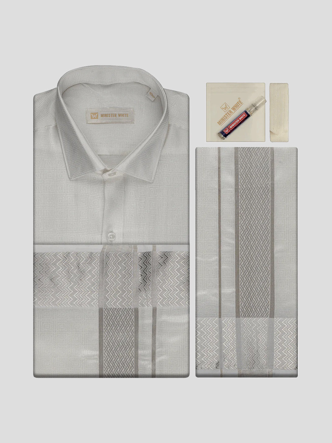 Men's Art Silk Off White Shirt Silver Border Dhoti | Nautica   ministerwhite.com