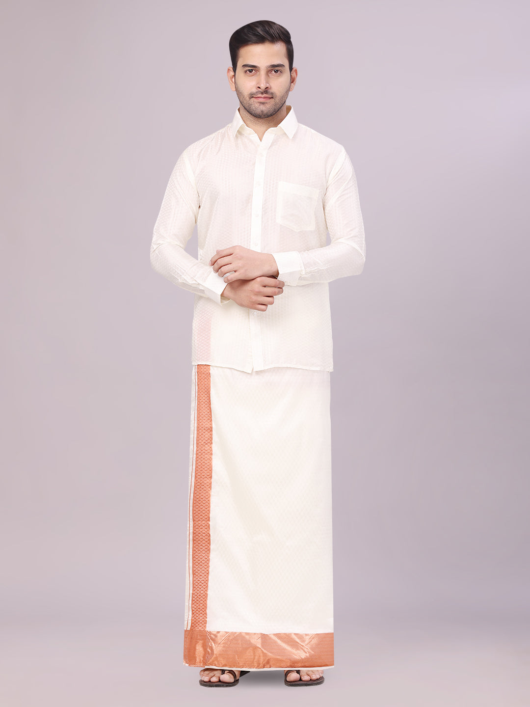 Mens Art Silk Cream Jacquard Full Sleeves Shirt with 2 1/2" Copper Jari Border Dhoti Combo Nautica