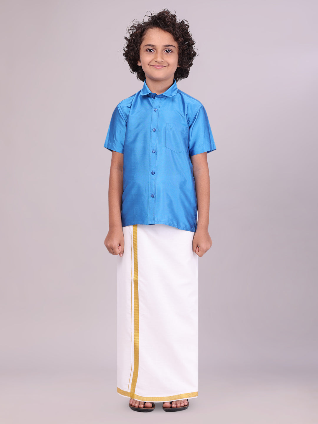 Boys Art Silk Sky Blue Half Sleeves Shirt with Gold Jari Flexi Dhoti Towel Combo