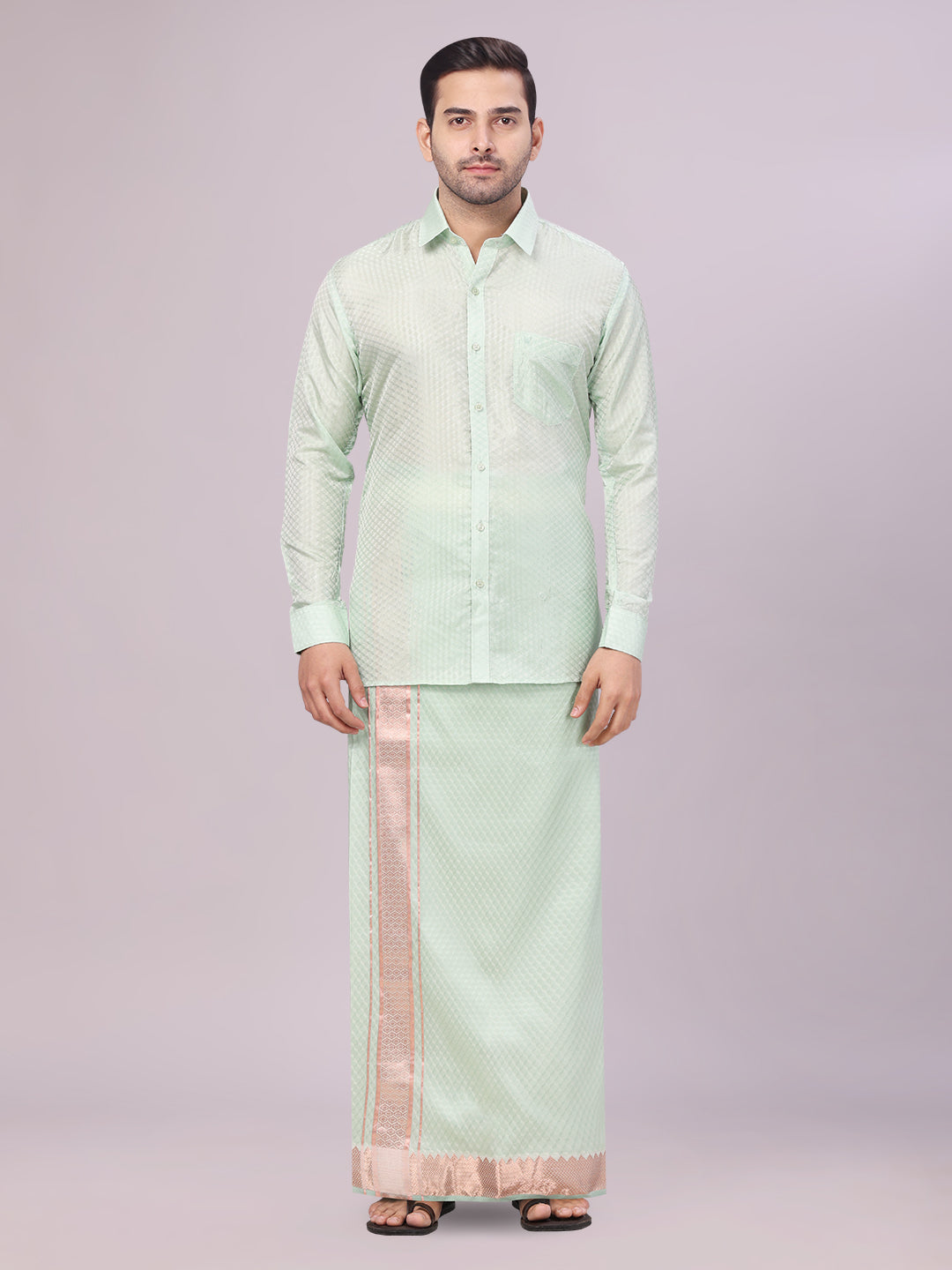 Men's Art Silk Pista Jacquard Full Sleeves Shirt with 2 1/2" Jari Border & Towel Dhoti Combo Nautica