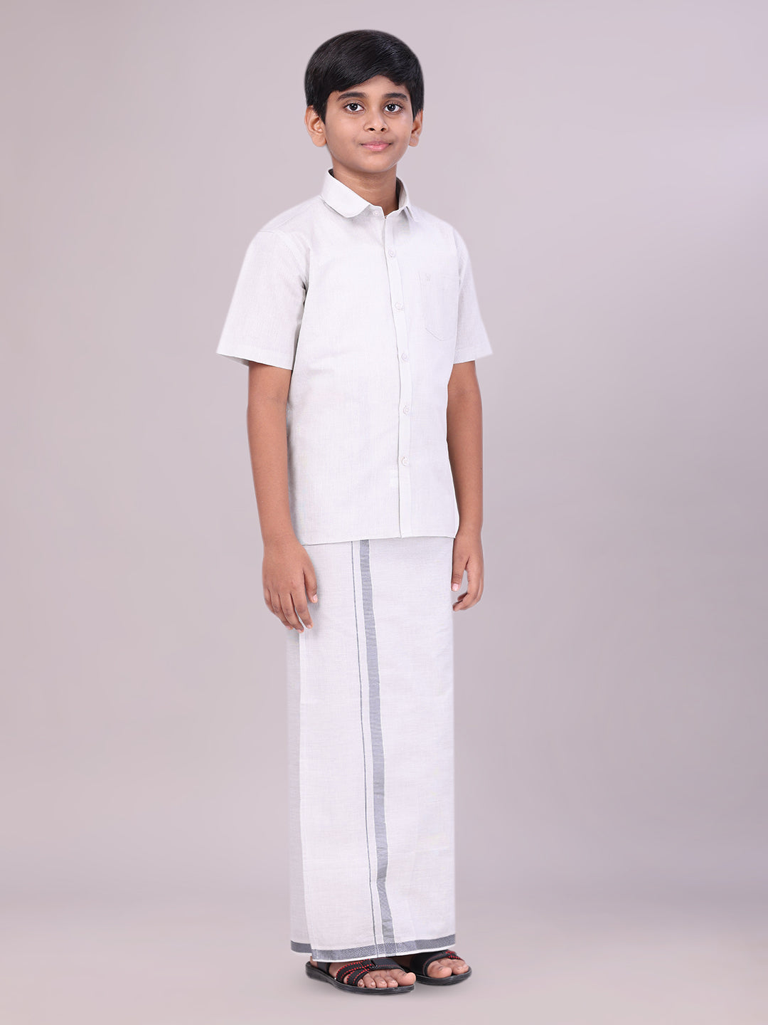Boys Tissue Grey Colour Shirt with Dhoti Combo side pose
