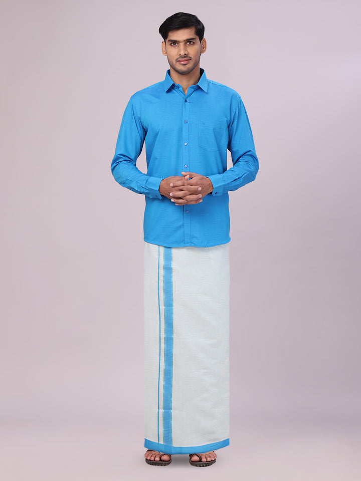 Men's Cotton Blue Shirt with Tissue Matching Border Flexi Dhoti Wedding Combo Kandala
