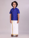 Boys Art Silk Violet Half Sleeves Shirt with Gold Jari Flexi Dhoti Towel Combo Calm Boy