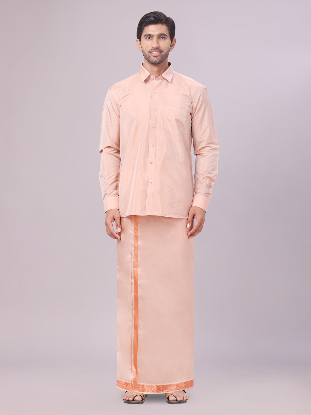 Men's Art Silk Dark Copper Full Sleeves Shirt with Copper Jari Border Flexi Dhoti Combo Finesse