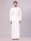 Men's Art Silk Off White Full Sleeves Shirt with Silver Jari Border Dhoti Combo Finesse