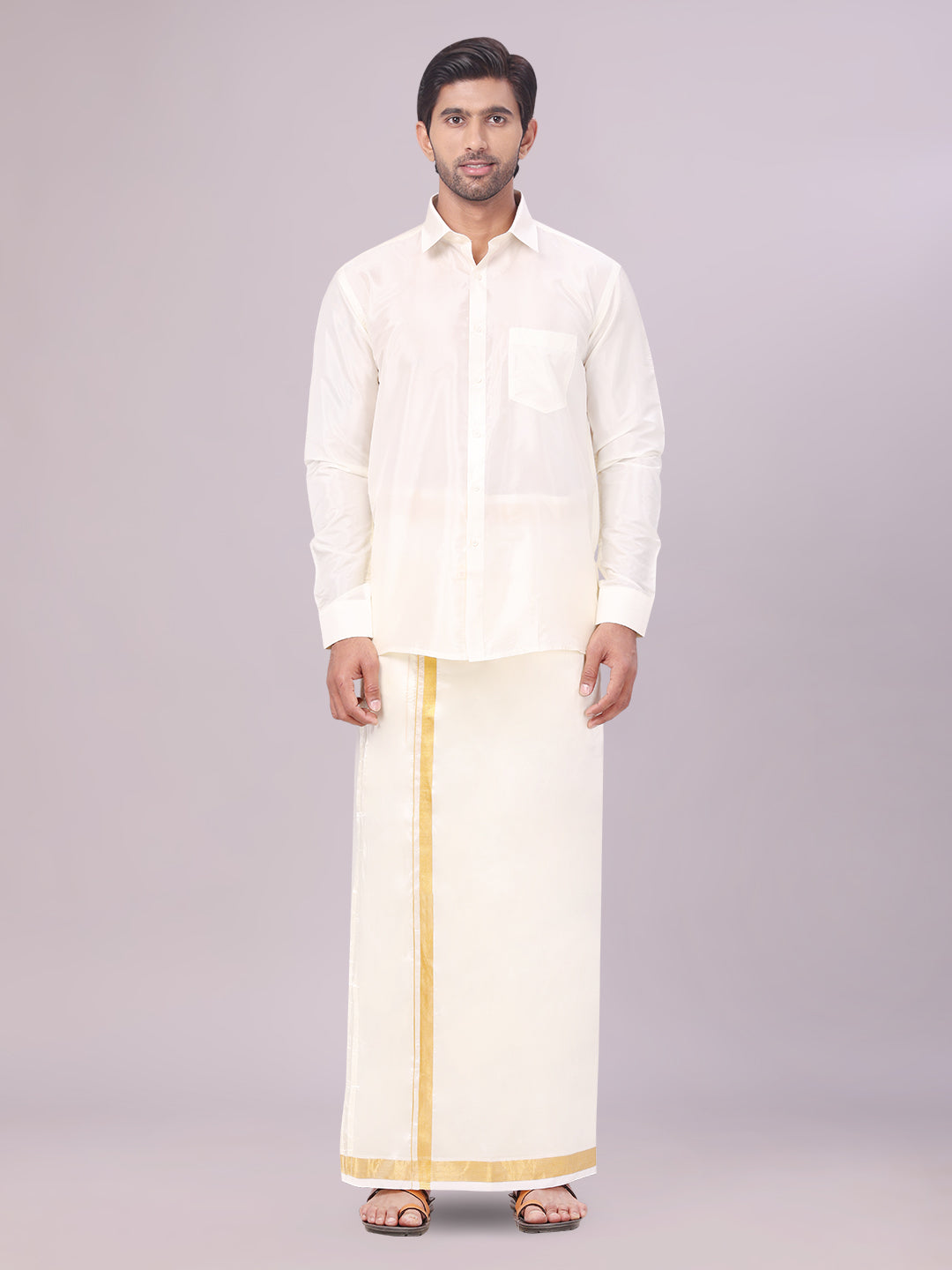 Men's Art Silk Cream Full Sleeves Shirt with 50k Gold Jari Border Dhoti Combo Finesse