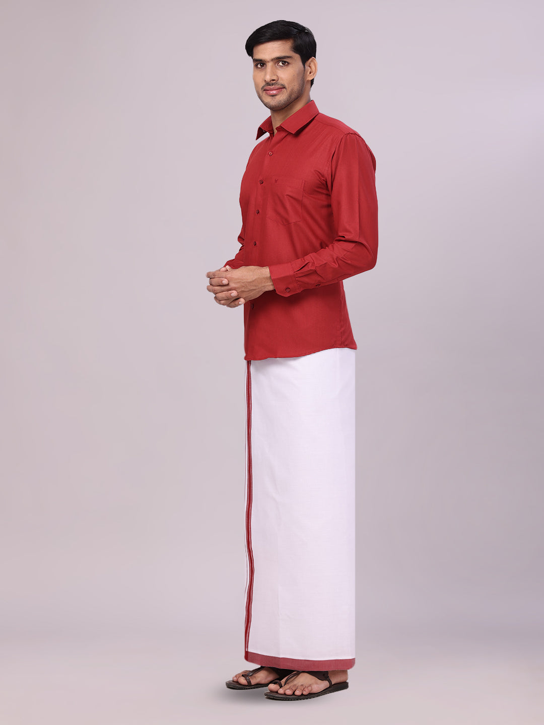 Men's Cotton Maroon Matching Shirt and Dhoti Combo Luster side pose