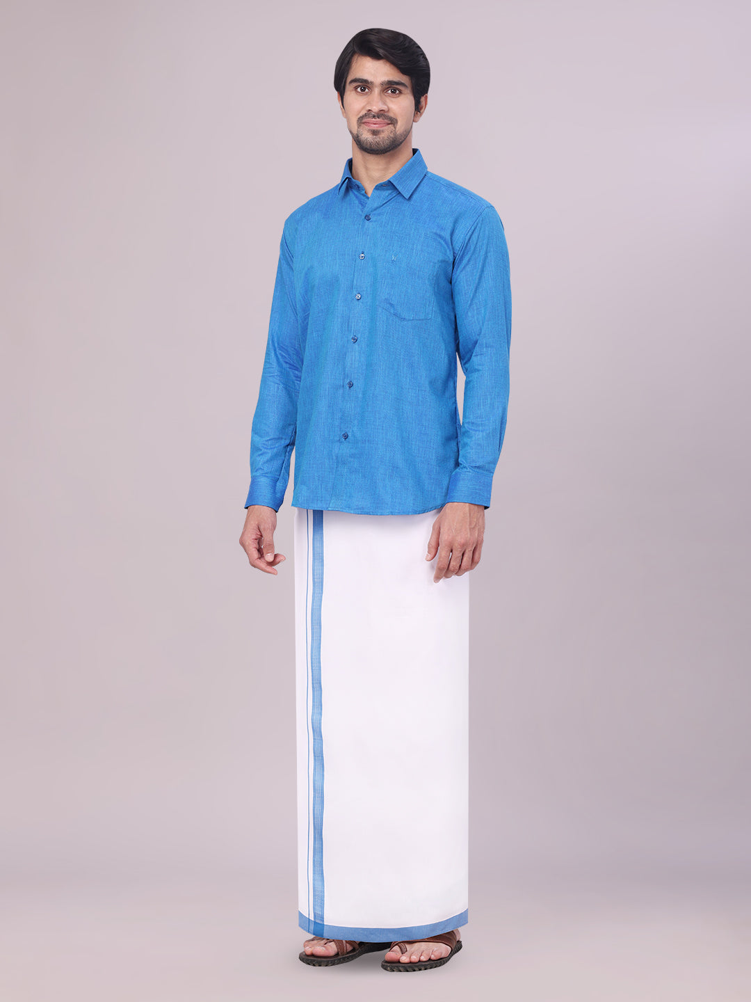 Men's Blue Color Cotton Shirt with Matching Border Dhoti Combo side pose