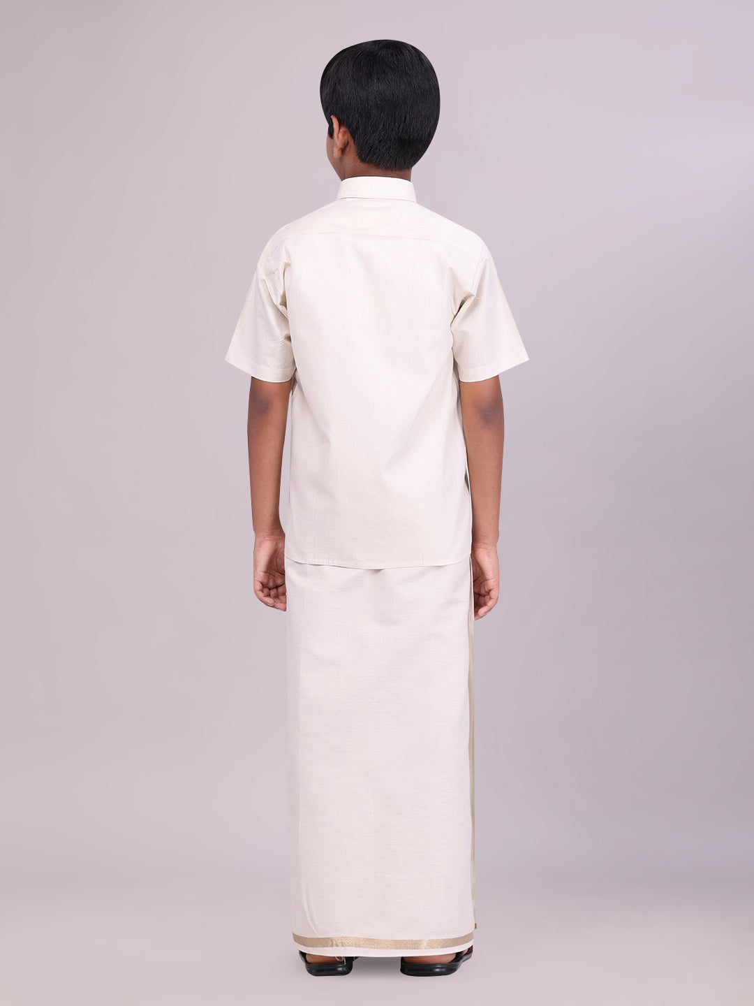 Kids Beige Color Tissue Shirt with Jari Dhoti Combo back pose