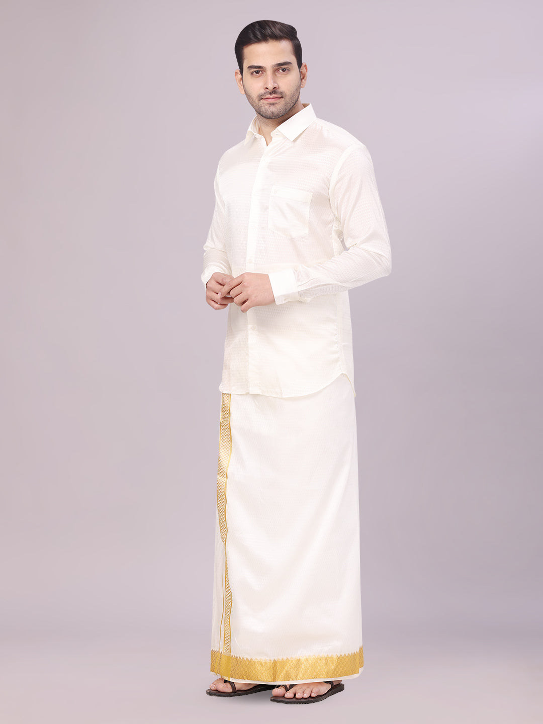 Mens Art Silk Cream Jacquard Full Sleeves Shirt with 2 1/2" Jari Border Dhoti Combo Nautica
