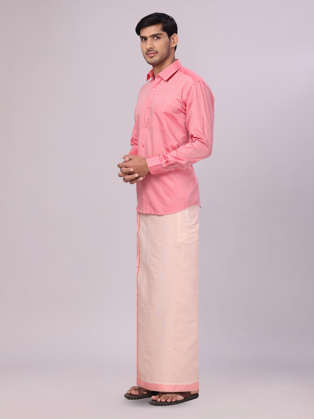Father & Son Pink Colour Cotton Shirt with Matching Border Tissue Dhoti Combo