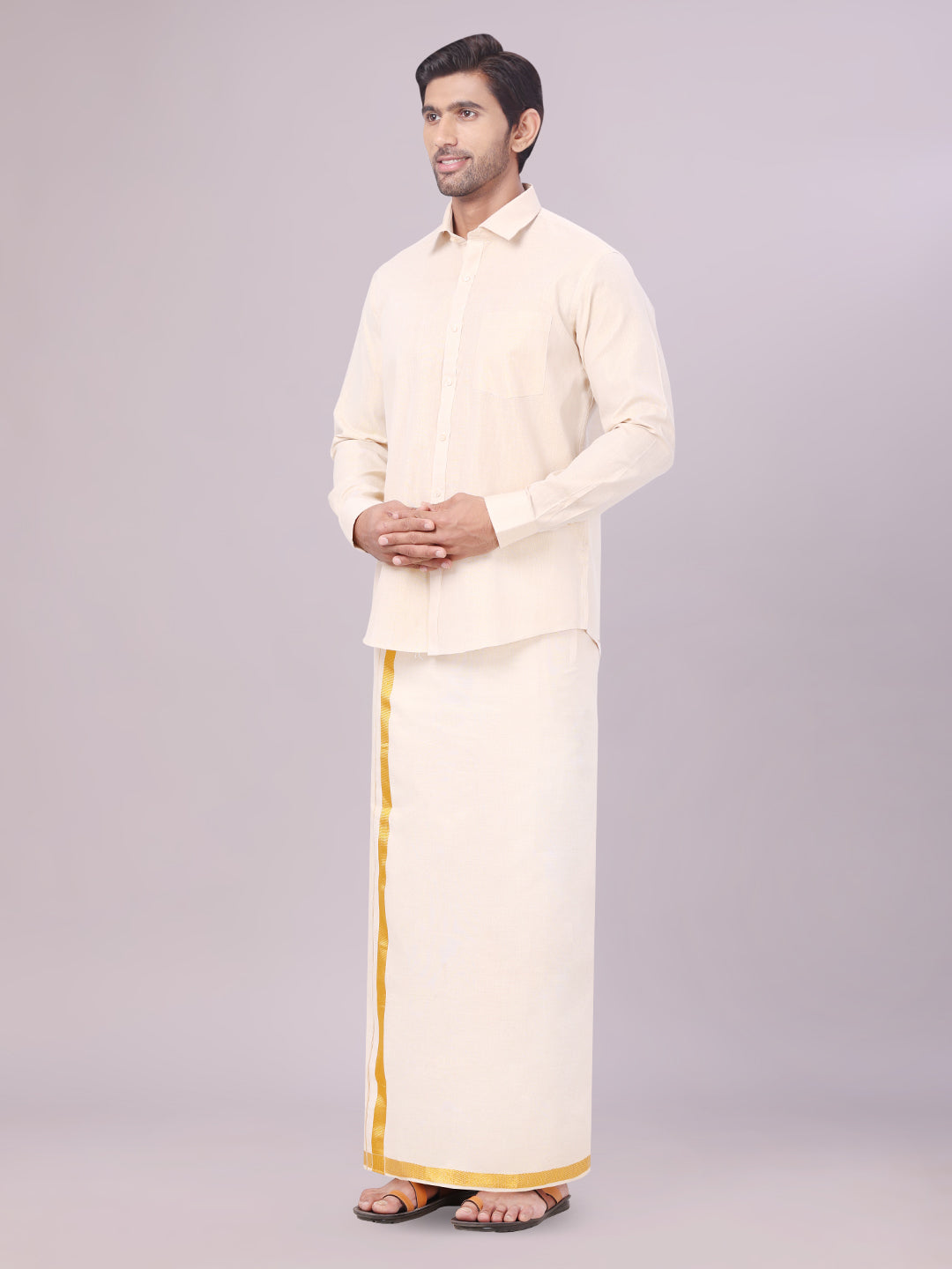 Men's Gold Color Tissue Shirt with Jari Dhoti Combo side pose