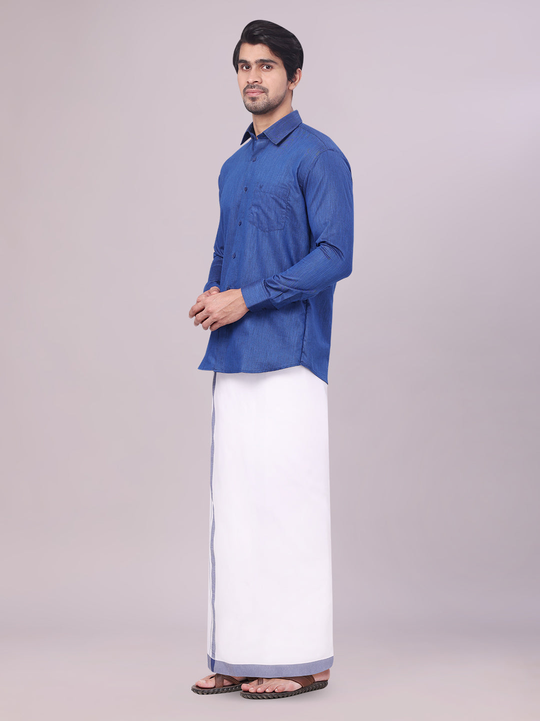 Father & Son Dark Blue Color Cotton Shirt with Matching Border Dhoti Combo