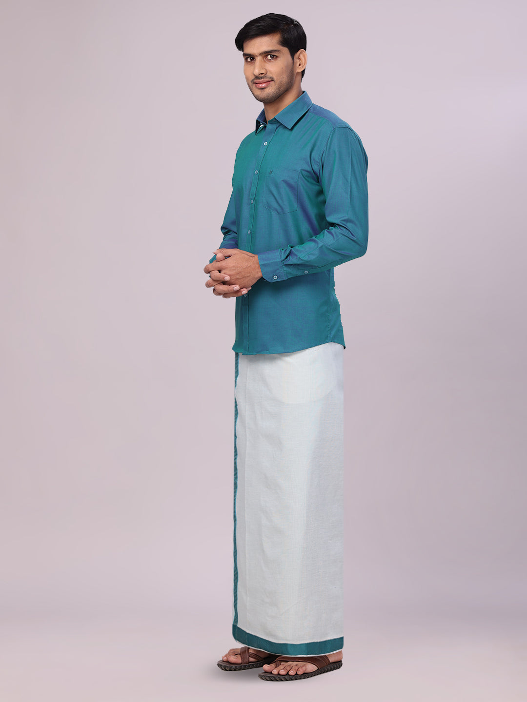 Men's Green Color Cotton Shirt with Matching Border Tissue Dhoti Combo side pose