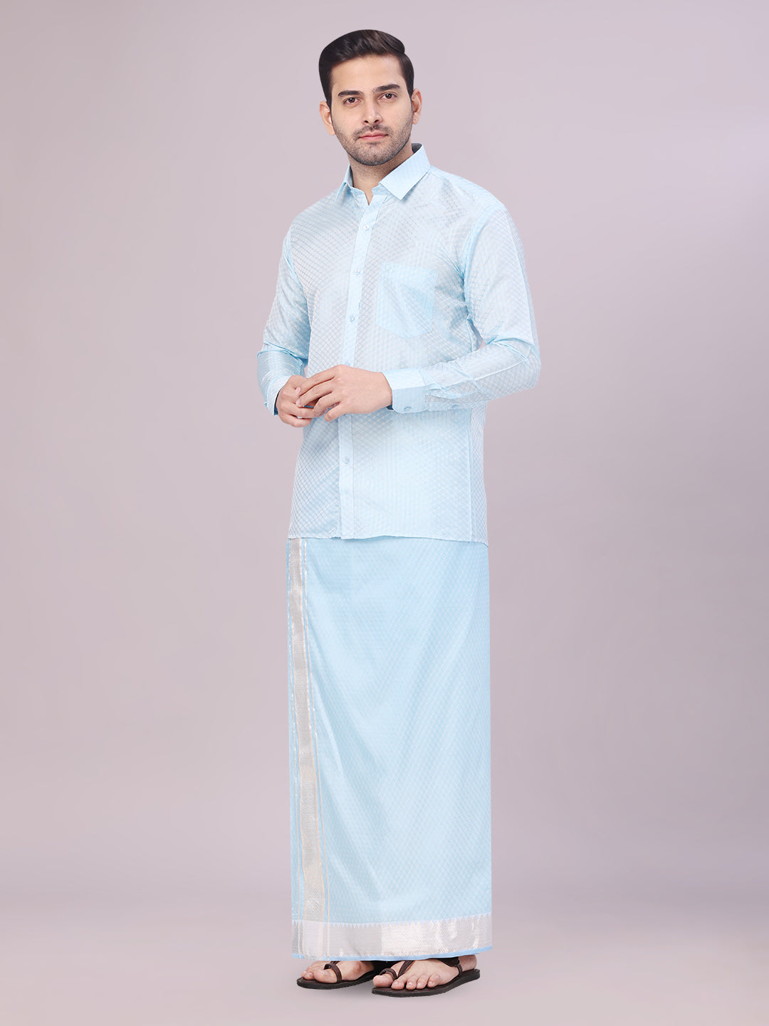 Men's Art Silk Sky Blue Jacquard Full Sleeves Shirt with 2 1/2" Jari Border & Towel Dhoti Combo Nautica
