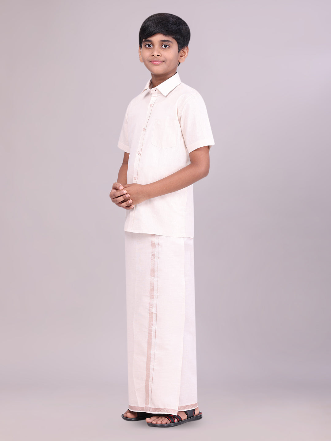 Kids Almond Color Tissue Shirt with Jari Dhoti Combo side pose