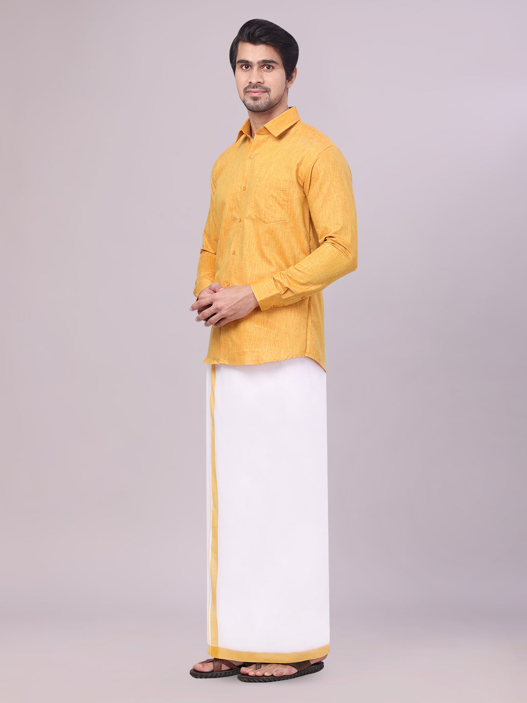 Men's Yellow Color Cotton Shirt with Matching Border Dhoti Combo side pose