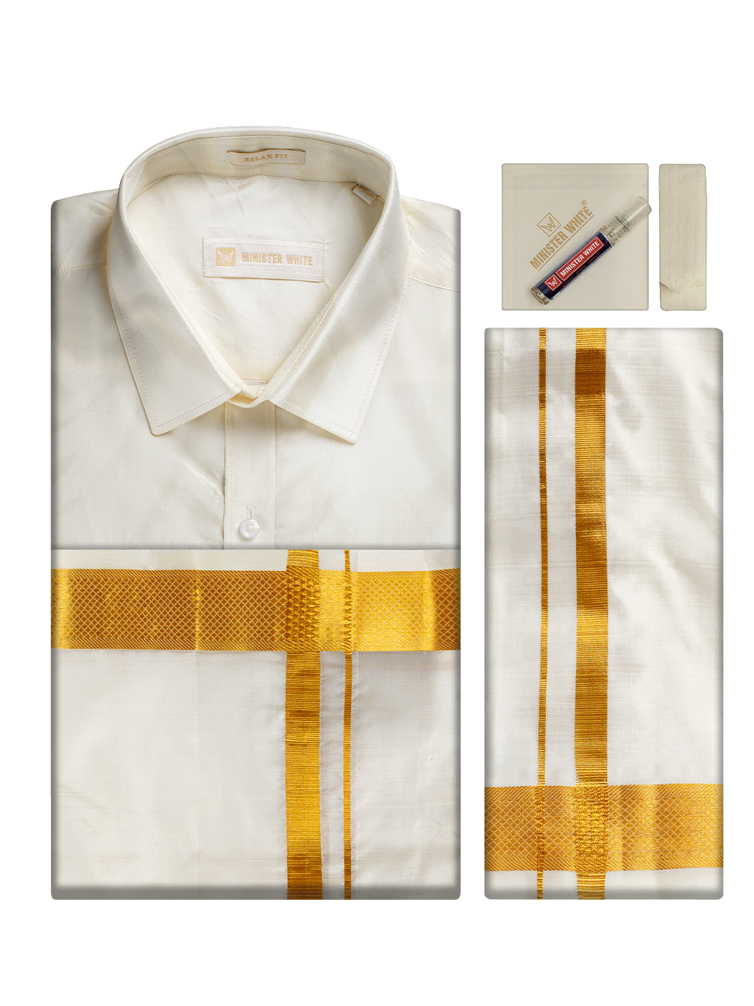 Men's Pure Silk Wedding Cream Shirt, Dhoti, Nerial with Belt Combo - Nesam 80K