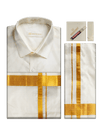 Men's Pure Silk Wedding Cream Shirt, Dhoti, Nerial with Belt Combo - Nesam 80K