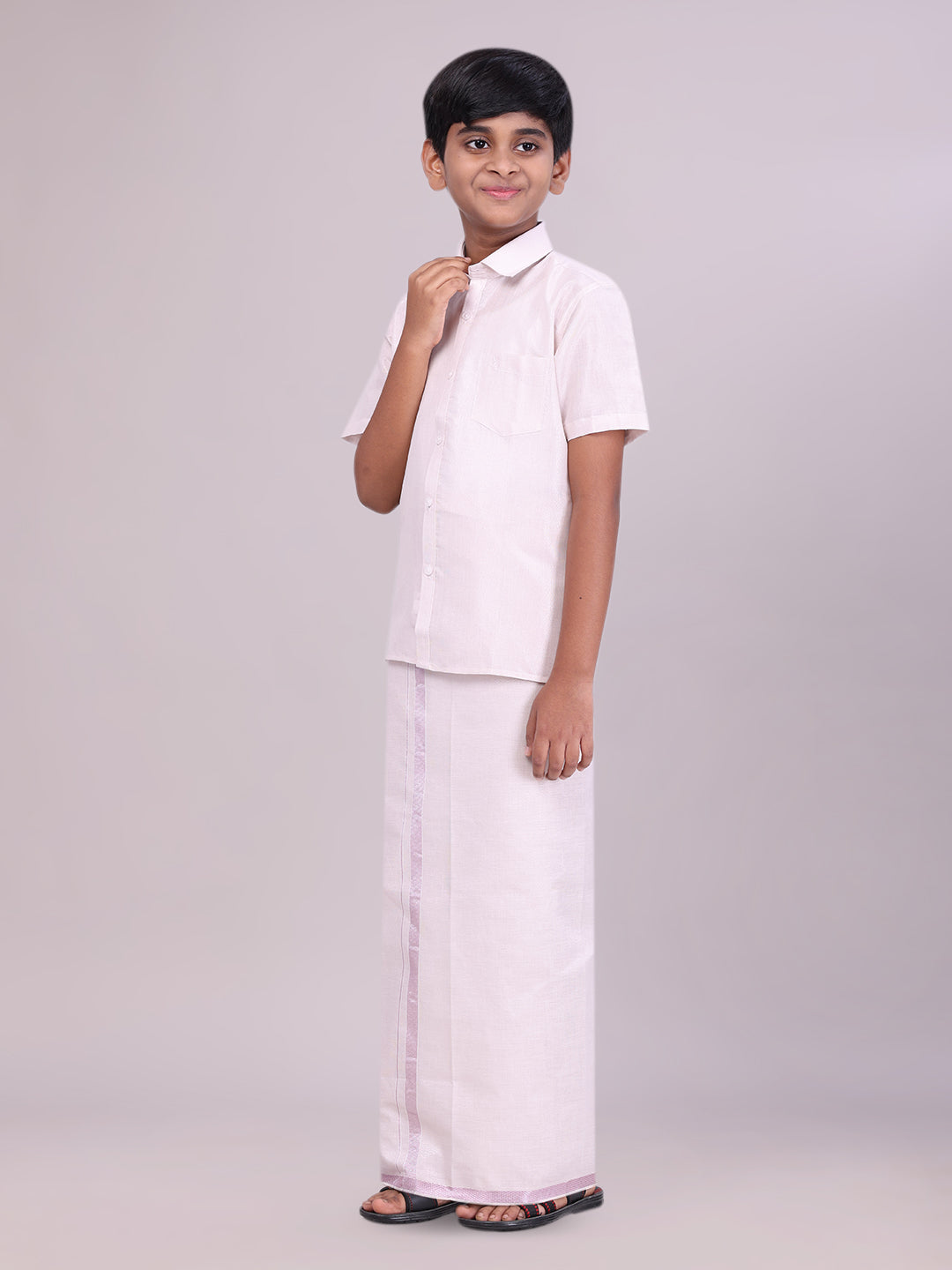 Boys Tissue Light Rose Colour Shirt with Dhoti Combo side pose