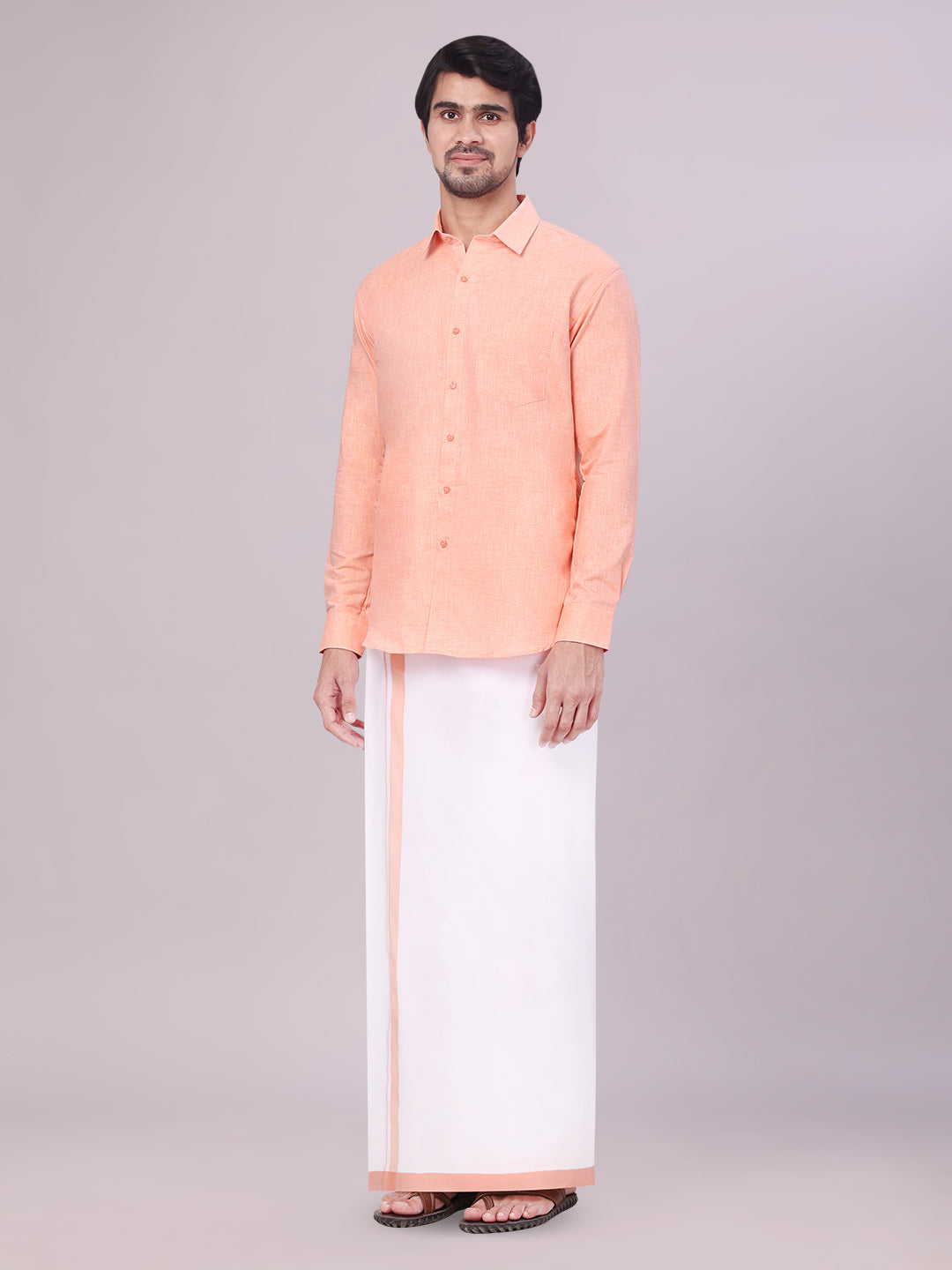 Men's Peach Color Cotton Shirt with Matching Border Dhoti Combo