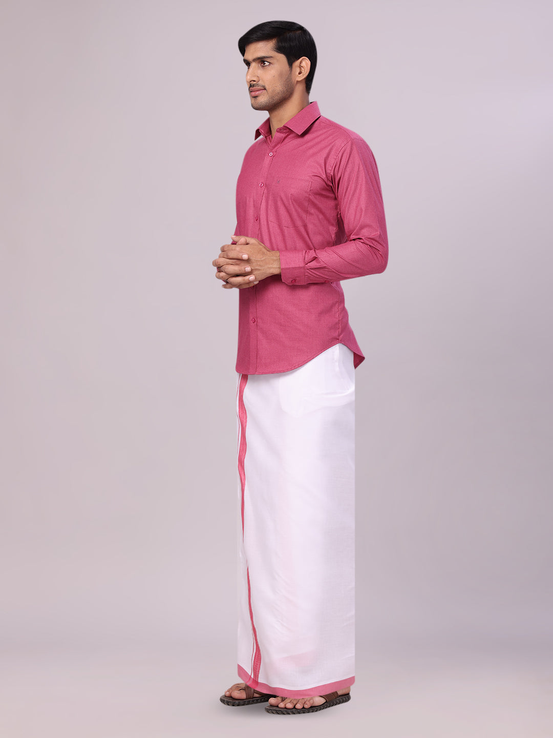Men's Pink Color Shirt with Matching Border Dhoti Combo Casper side pose