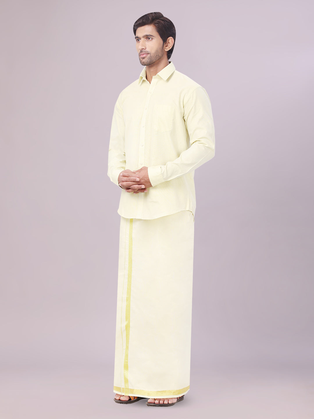 Men's Brass Color Tissue Shirt with Jari Dhoti Combo side pose