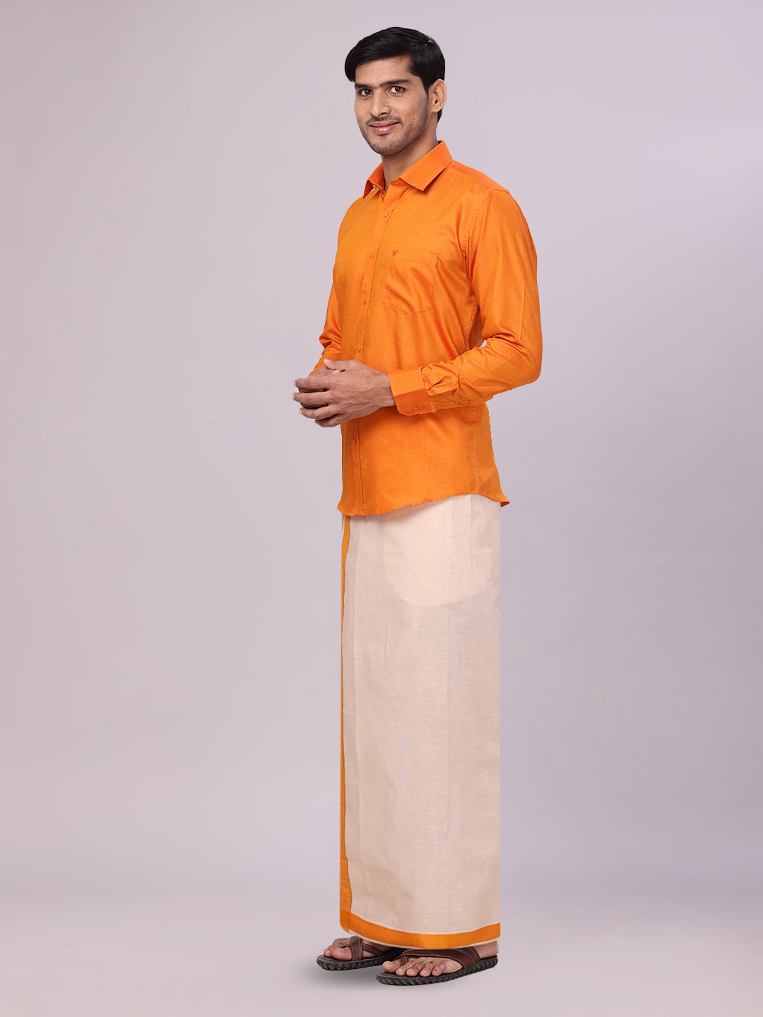 Men's Orange Color Cotton Shirt with Matching Border Tissue Dhoti Combo side pose