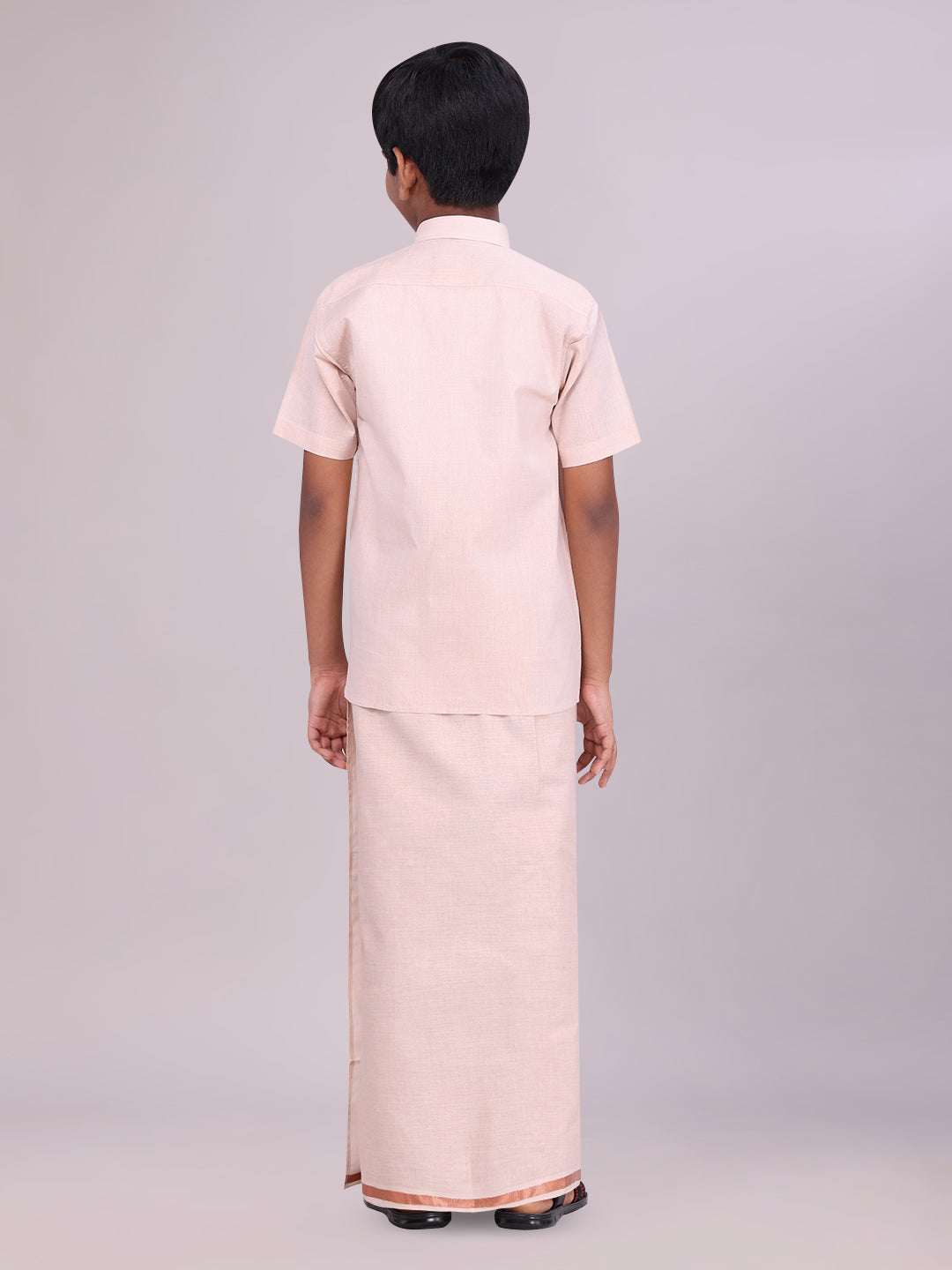 Kids Copper Color Tissue Shirt with Jari Dhoti Combo back pose