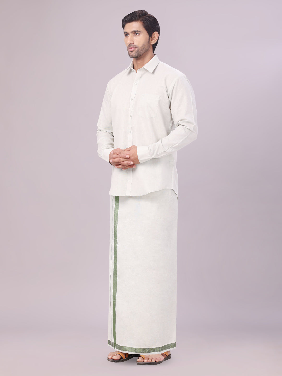 Men's Olive Green Color Tissue Shirt with Jari Dhoti Combo side pose