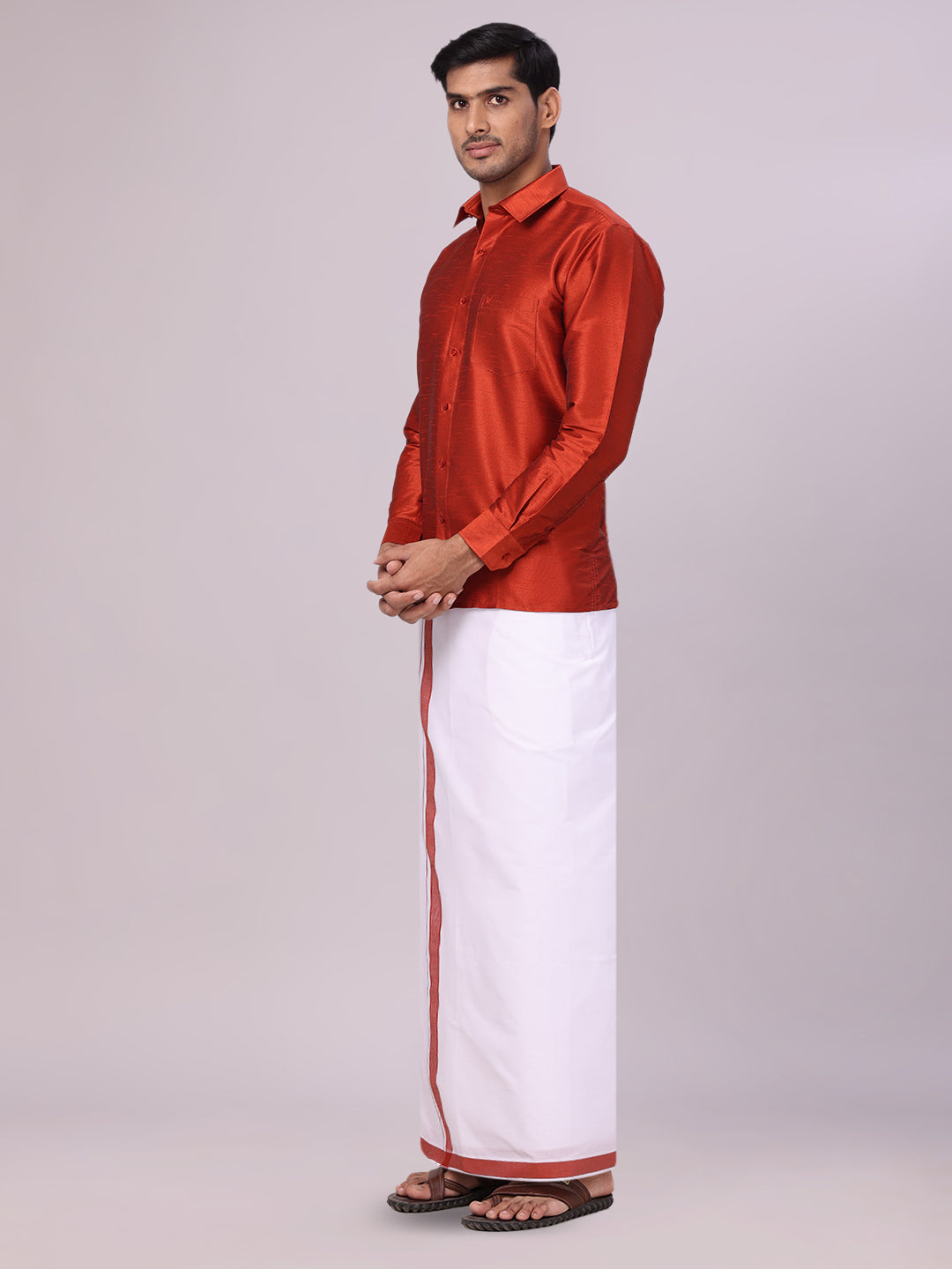Mens Brick Red Dupion Satin Color Shirt with Matching Border Flexi Dhoti Combo Gora Flexi