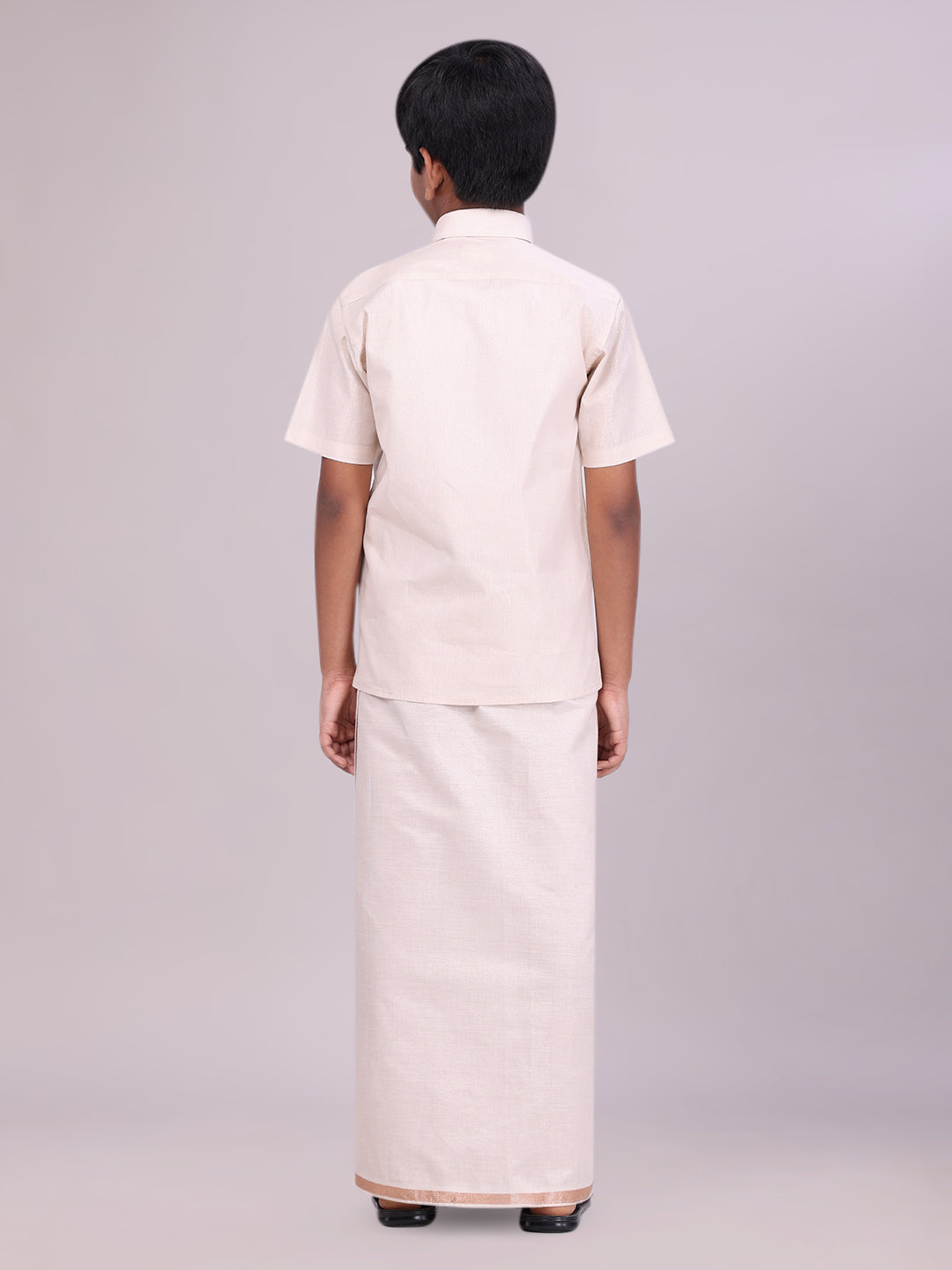 Kids Light Copper Color Tissue Shirt with Jari Dhoti Combo back pose