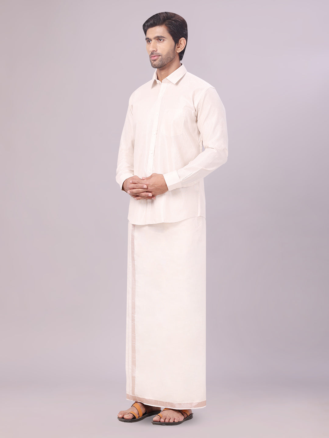 Men's Almond Color Tissue Shirt with Jari Dhoti Combo side pose