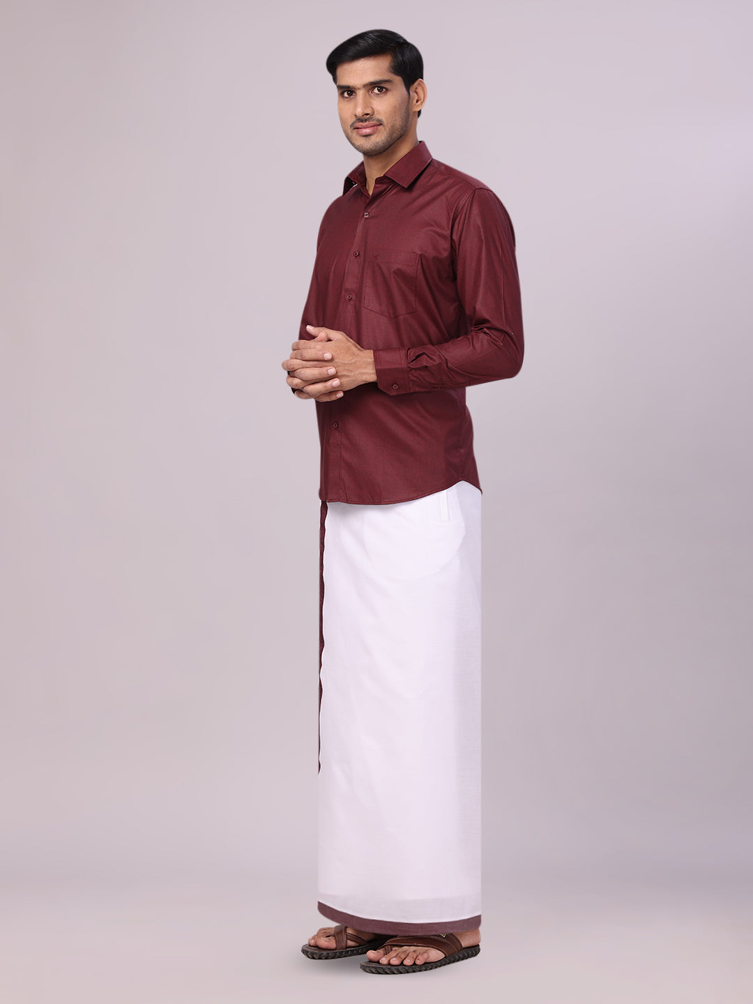 Men's Maroon Color Shirt with Matching Border Dhoti Combo Casper side pose