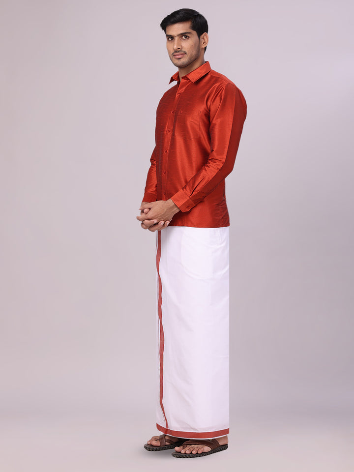 Men's Red Dupion Satin Shirt with Matching Border Dhoti Combo Gora side pose