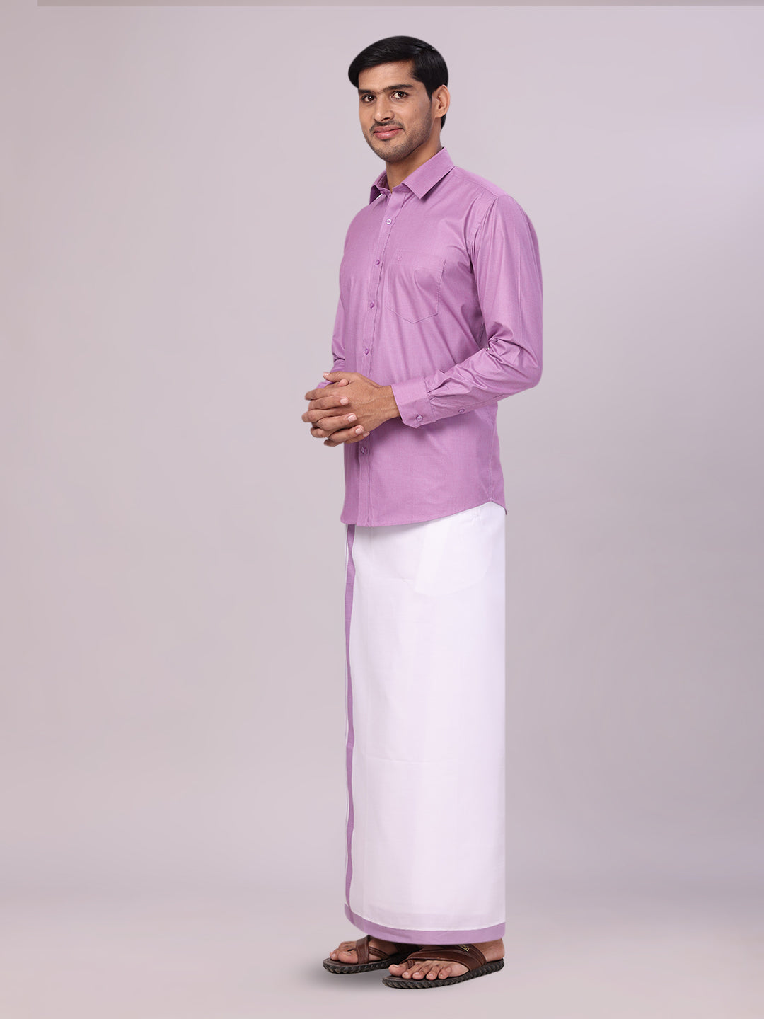 Men's Light Purple Color Shirt with Matching Border Dhoti Combo Casper side pose