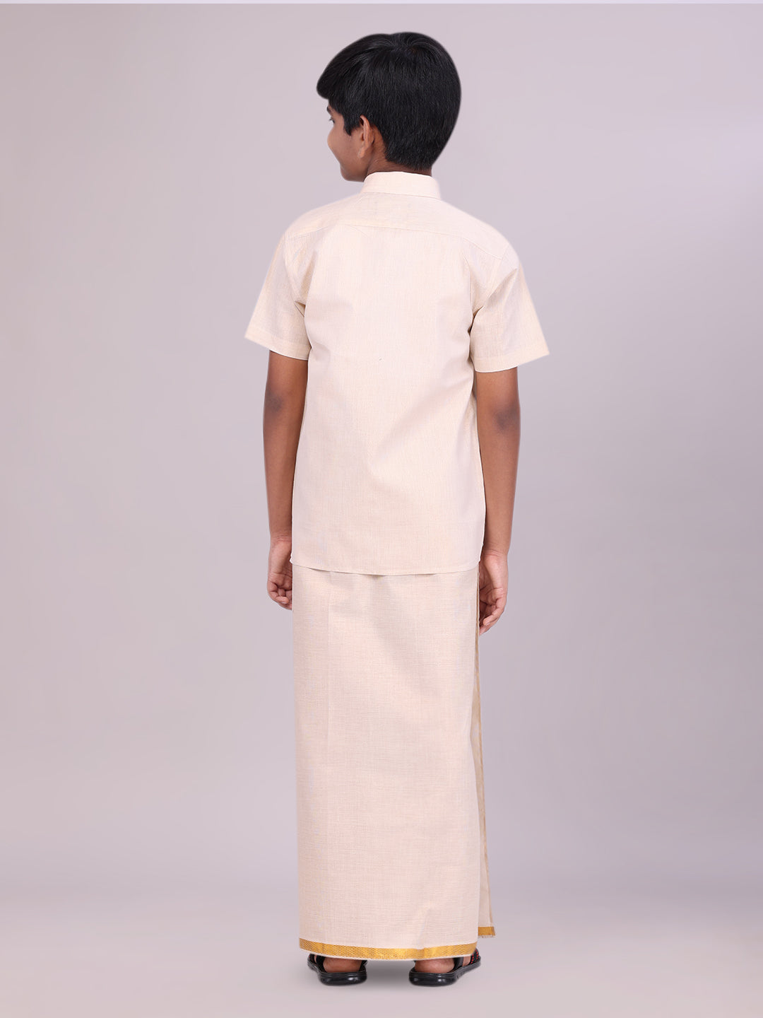 Kids Gold Color Tissue Shirt with Jari Dhoti Combo back pose