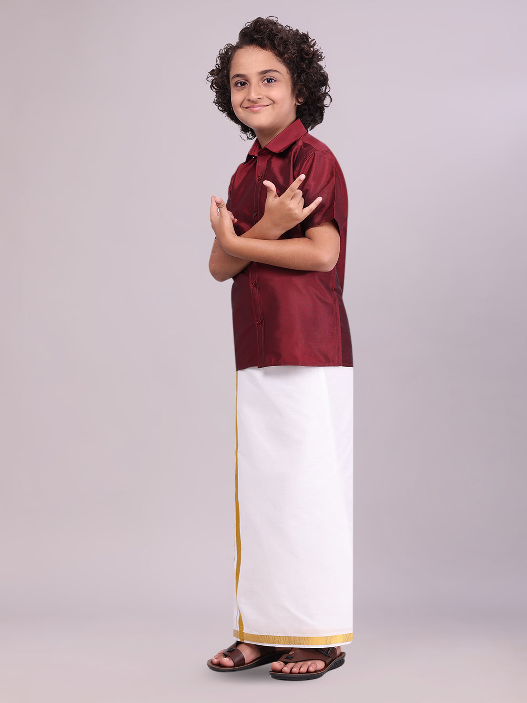 Boys Art Silk Maroon Half Sleeves Shirt with Gold Jari Flexi Dhoti Towel Combo side pose