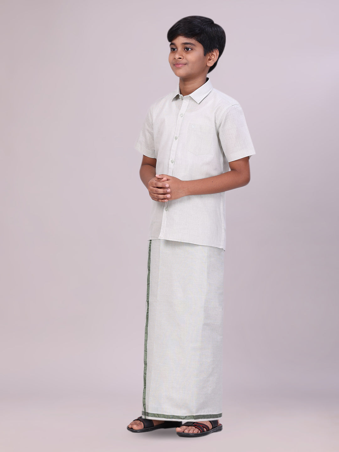 Kids Olive Green Color Tissue Shirt with Jari Dhoti Combo side pose