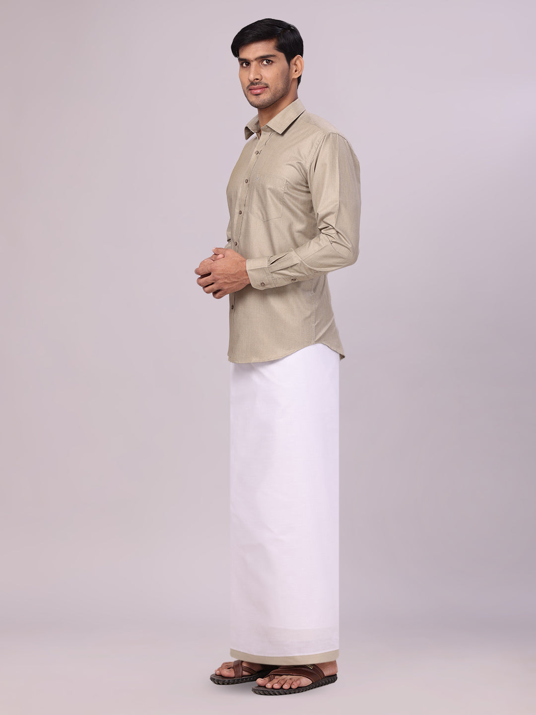 Men's Cotton Light Olive Matching Shirt and Dhoti Combo Luster side pose