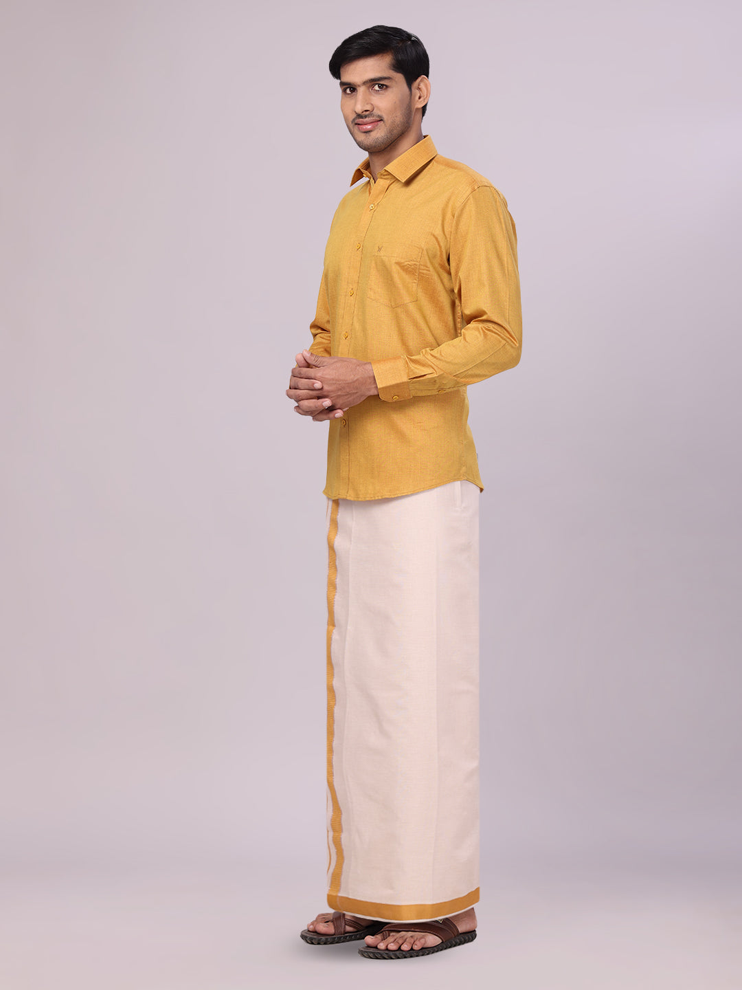 Men's Mustard Color Cotton Shirt with Matching Border Tissue Dhoti Combo side pose